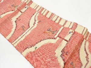 手織り紬縞に変わり横段・花葉模様織出し名古屋帯